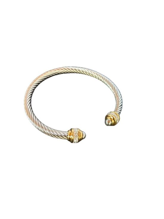 Jewelry - Two Tone Cable Cuff Bangle Bracelet with Gold Tone‎ and Crystal Accents